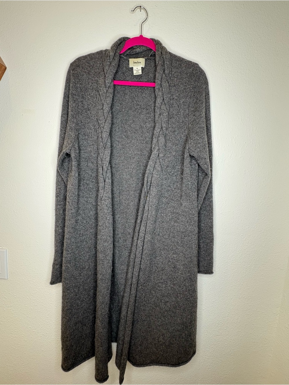 Neiman Marcus Cashmere Long Open-Front Cable-Trim Cardigan - Gray